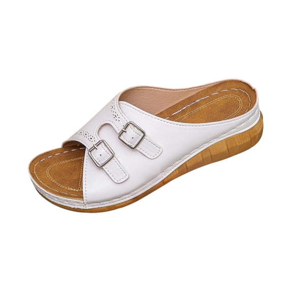 Dweltoz Women's Platform Slide Sandals Slip-On Open Toe 2 Straps Adjustable Buckle Slip Comfort Shoes Cork Footbed Synthetic Leather Beach Lightweight Slides,White 41