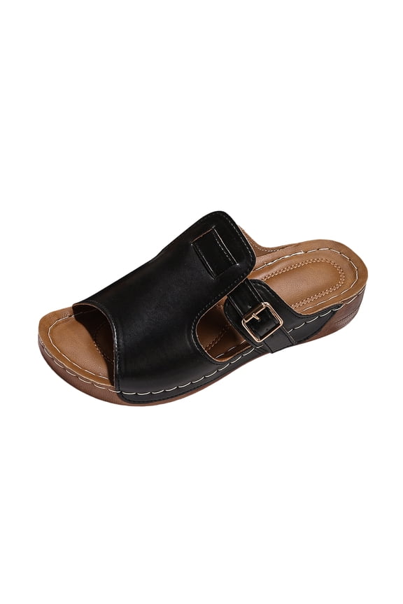 Women's Platform Slide Sandals Slip-On Open Toe 2 Straps Adjustable Buckle Slip Comfortable Shoes Cork Footbed Synthetic Leather Beach Casual Mules,Black 41