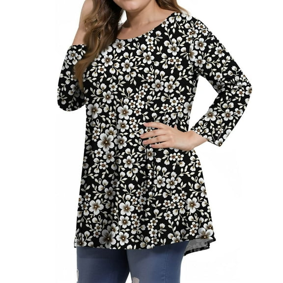 Dweltoz Women's Plus Size Blouses Summer Crew Neck Tops 3/4 Sleeve Outfits Casual Floral Print Tunics Blouses,Black XL