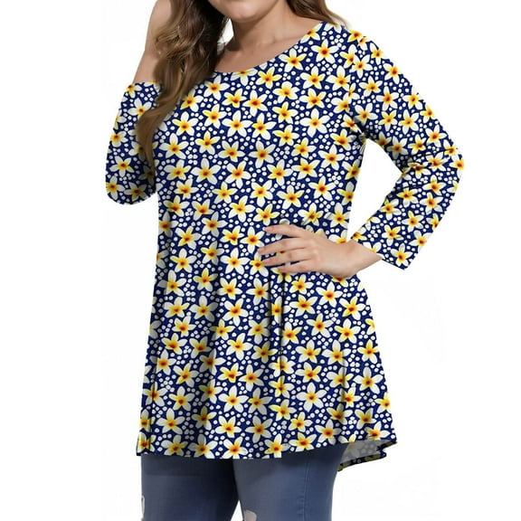 Dweltoz Women's Plus Size Shirts 2025 Summer Crew Neck Tunics 3/4 Sleeve T-Shirts Loose Fit Cotton Floral Print Tees Blouses,Royal Blue L