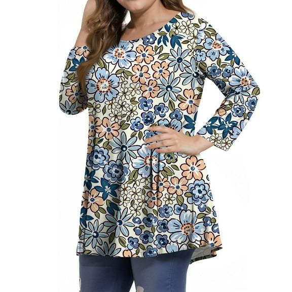 Dweltoz Women's Plus Size Shirts L-4XL 2025 Summer Crew Neck Tunics 3/4 Sleeve T-Shirts Oversized Floral Print Tees Blouses,Blue 3XL
