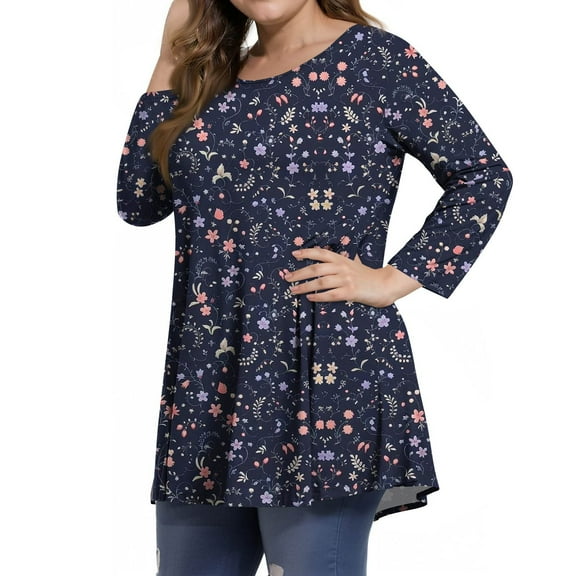 Dweltoz Women's Plus Size Shirts L-4XL Summer Crew Neck Tops 3/4 Sleeve T-Shirts Oversized Floral Print Tunics Blouses,Dark Blue 2XL