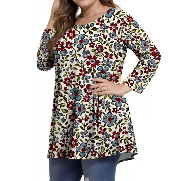 Dweltoz Women's Plus Size Shirts L-4XL Summer Crew Neck Tops 3/4 Sleeve T-Shirts Oversized Floral Print Tunics Blouses,Purple 4XL
