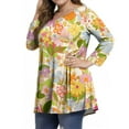 thumbnail image 1 of Dweltoz Women's Plus Size Shirts L-4XL Summer Crew Neck Tunics 3/4 Sleeve Outfits Oversized Floral Print Tees Blouses,Yellow L, 1 of 5