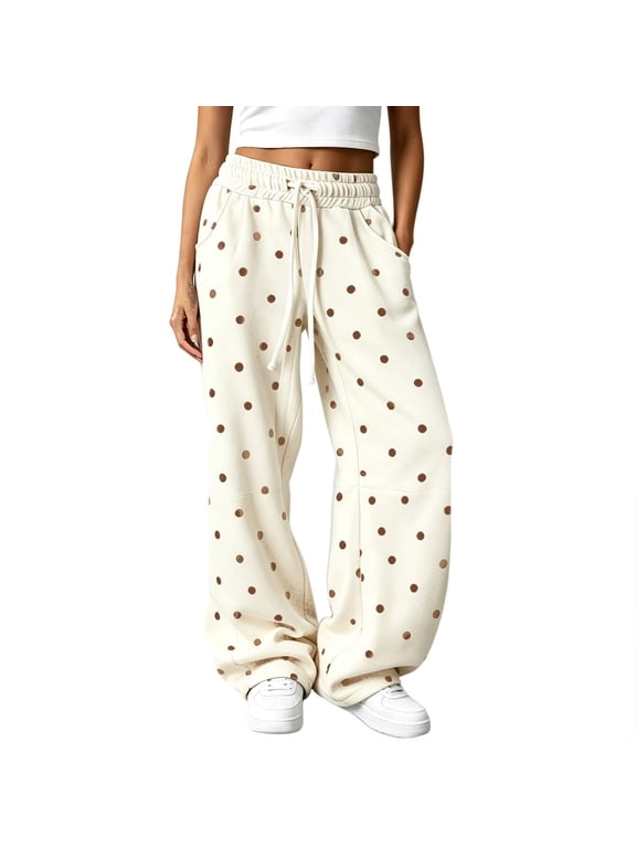Women's Polka Dot Barrel Sweatpants Wide Leg Pants Drawstring Elastic Waist Loose Fit Casual Sweat Pants with Pockets Lounge Trousers,Beige XL