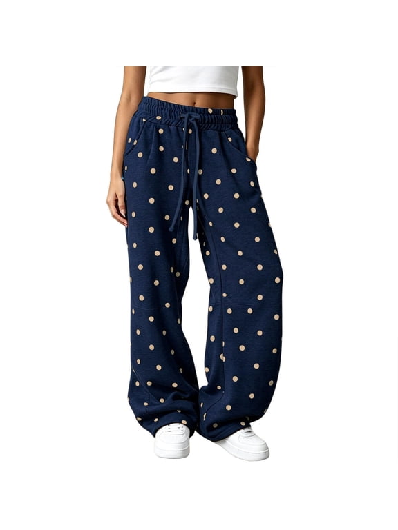 Women's Polka Dot Barrel Sweatpants Wide Leg Pants Drawstring Elastic Waist Loose Fit Casual Sweat Pants with Pockets Lounge Trousers,Navy 4XL