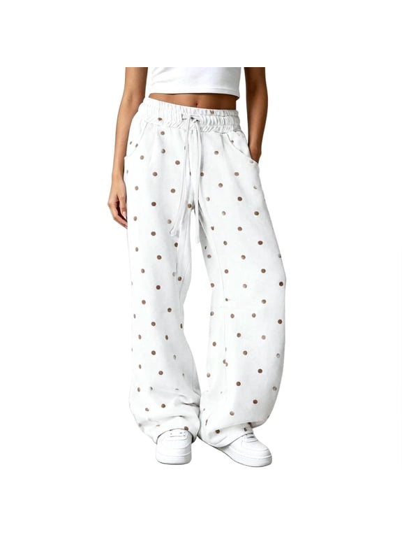 Women's Polka Dot Barrel Sweatpants Wide Leg Pants Drawstring Elastic Waist Loose Fit Casual Sweat Pants with Pockets Lounge Trousers,White 5XL
