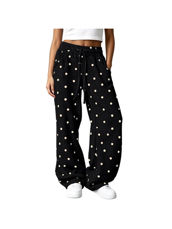 Women's Polka Dot Barrel Sweatpants Wide Leg Pants Drawstring Elastic Waist Loose Fit Casual Sweat Pants with Pockets Lounge Trousers,Black L