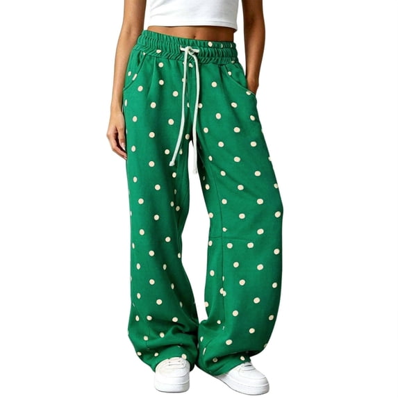 Dweltoz Women's Polka Dot Barrel Sweatpants Wide Leg Pants Drawstring Elastic Waist Loose Fit Casual Sweat Pants with Pockets Lounge Trousers,Green M