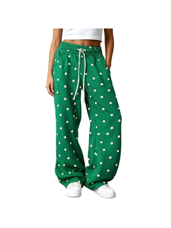 Women's Polka Dot Barrel Sweatpants Wide Leg Pants Drawstring Elastic Waist Loose Fit Casual Sweat Pants with Pockets Lounge Trousers,Green M