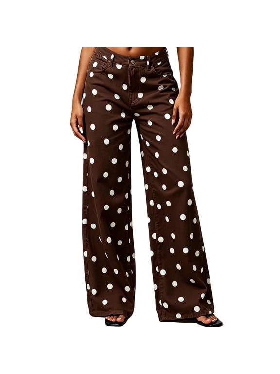 Women's Polka Dot Wide Leg Jeans High Waist Loose Fit Denim Pants Retro Casual Polka Dot Printed Flared Trousers,Wine L