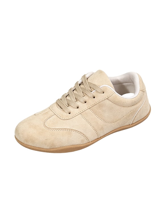 Women's Retro Faux Suede Sneakers Low Profile German Trainer Shoes Lace Up Flat Gum Sole Casual Walking Shoes for Daily Wear,Beige 8
