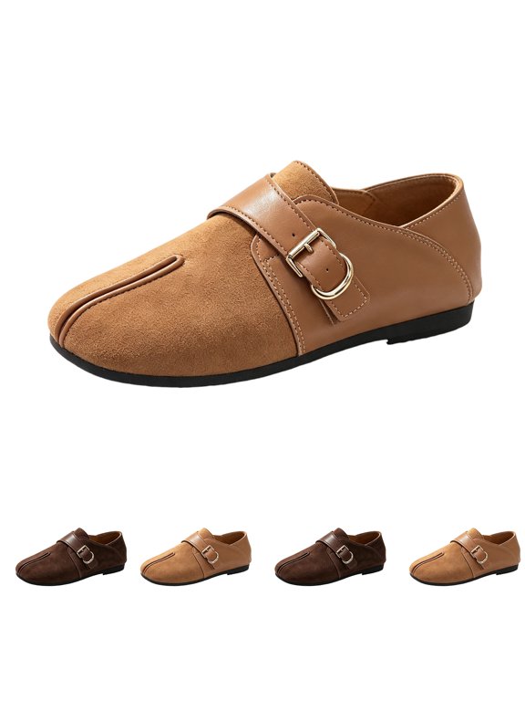 Women's Retro Split Toe Flats Adjustable Buckle Monk Strap Spliced Casual Loafers Comfort Daily Walking Low Heels Platform Dress Shoes,Brown 5.5