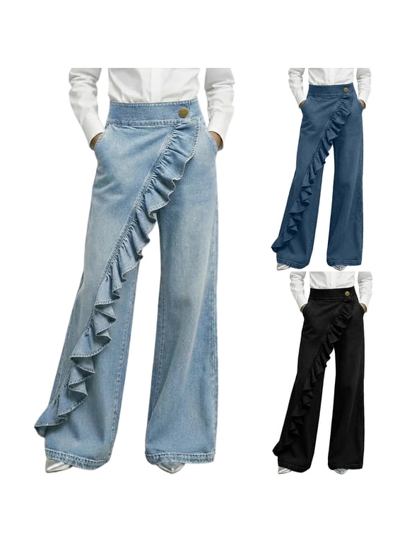 Women's Ruffle Trim High Waisted Faux Denim Wide Leg Pants Ruffle Trim Asymmetrical Denim Palazzo Pant with Wrap Waist Design,Black 2XL