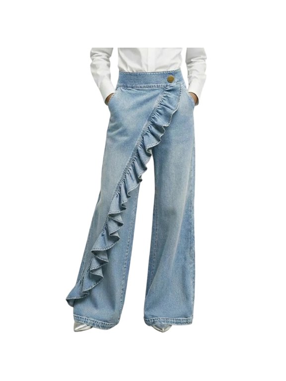 Women's Ruffle Trim High Waisted Faux Denim Wide Leg Pants Ruffle Trim Asymmetrical Denim Palazzo Pant with Wrap Waist Design,Light Blue M
