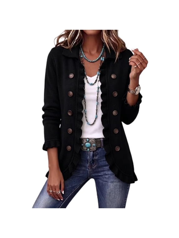 Women's Ruffle Trim Knit Cardigan Sweater Double Breasted Lapel Collar Long Sleeve Button Front Casual Fall Jacket,Black L