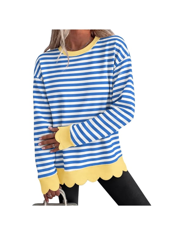 Women's Scalloped Sweatshirt Striped Crewneck Long Sleeve Pullover Color Block Scalloped Hem Tops Casual Loose Fit Y2k Trendy Outfits,Blue 2XL