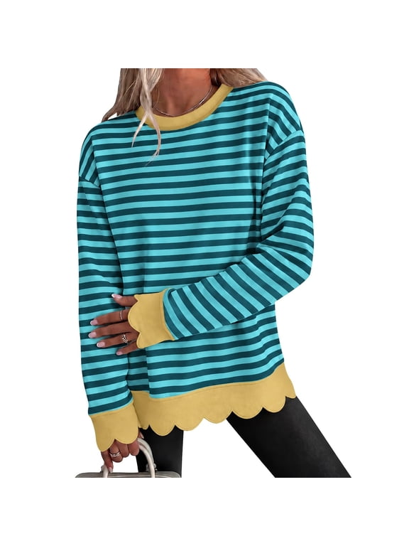 Women's Scalloped Sweatshirt Striped Crewneck Long Sleeve Pullover Color Block Scalloped Hem Tops Casual Loose Fit Y2k Trendy Outfits,Cyan 2XL