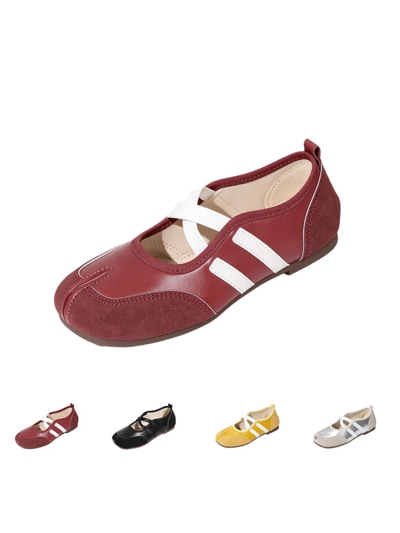Women's Split Toe Ballet Flats Two Tone Crisscross Strap Mary Jane Sneakers Slip On Ballerina Casual Walking Shoes,Black 6.5