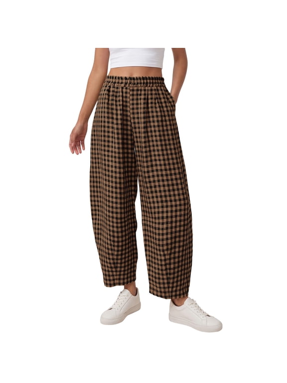 Women's Striped Gingham Pants Elastic Waist Wide Leg Casual Pajama Pants Spring Breathable Y2k Plaid Trousers with Pockets,Brown M