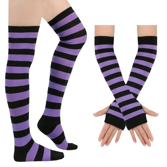 Dweltoz Women's Striped Over Knee High Socks Rainbow Thigh High Socks with Arm Warmer Fingerless Gloves Goth Y2K Style Set