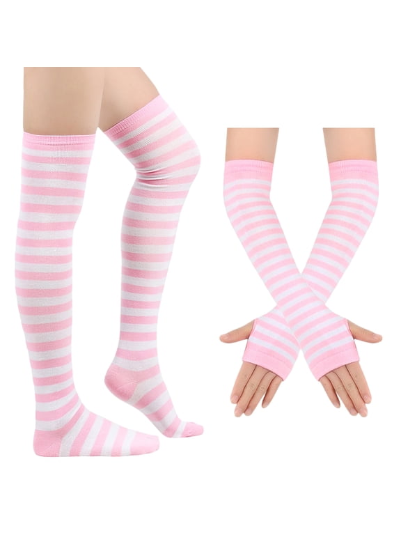 Women's Striped Over Knee High Socks Rainbow Thigh High Socks with Arm Warmer Fingerless Gloves Goth Y2K Style Set