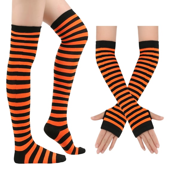 Dweltoz Women's Striped Over Knee High Socks Rainbow Thigh High Socks with Arm Warmer Fingerless Gloves Goth Y2K Style Set