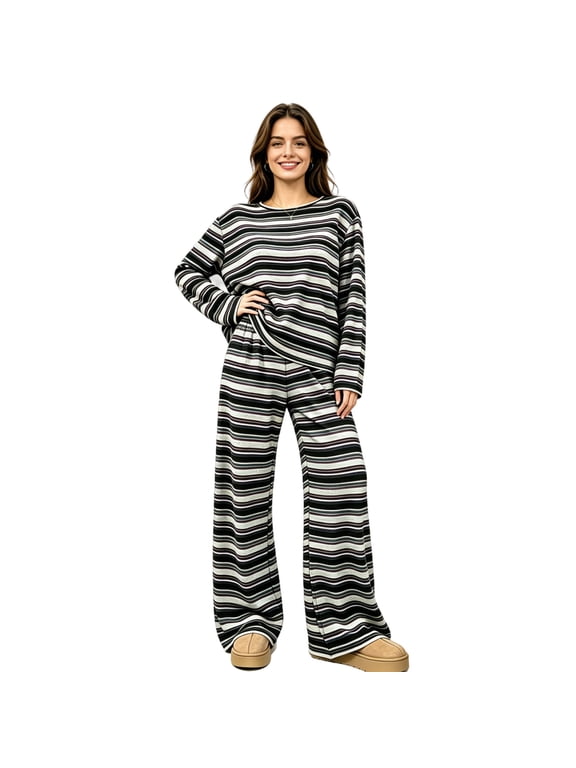 Women's Striped Oversized 2 Piece Lounge Sets Long Sleeve Crewneck Sweater Top Wide Leg Pants with Pockets Casual Fall Matching Pajama Outfits,Blue 2XL