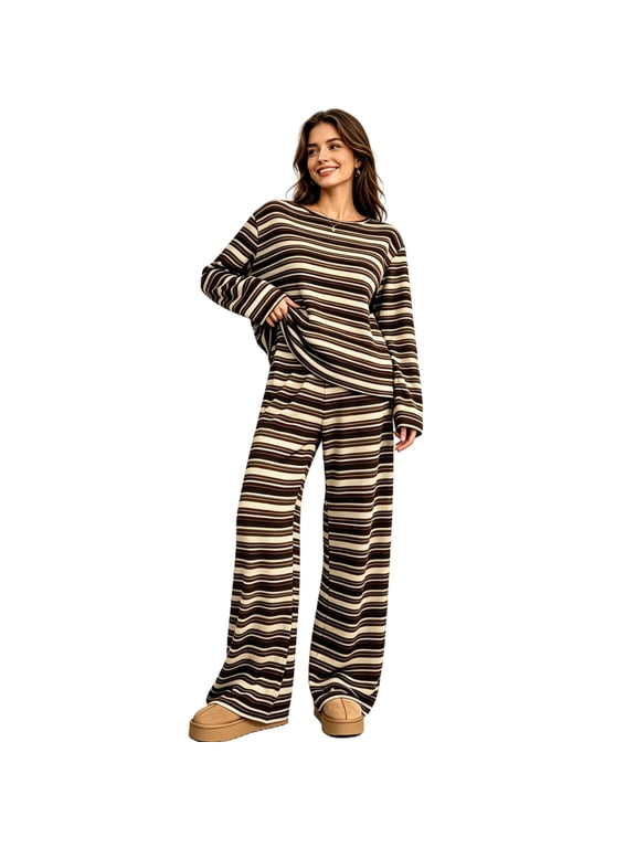 Women's Striped Oversized 2 Piece Lounge Sets Long Sleeve Crewneck Sweater Top Wide Leg Pants with Pockets Casual Fall Matching Pajama Outfits,Brown S