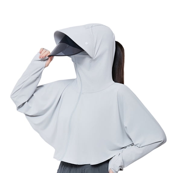 Dweltoz Women's Sun Protective Jacket with Mask and Brim Lightweight Ice Silk Workout Shawl Long Sleeve Full Zip Uv Shirt for Outdoor,Light Gray One Size