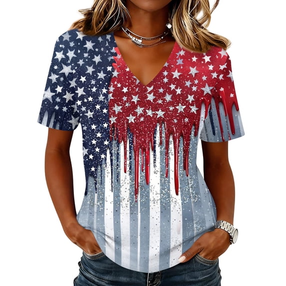 Dweltoz Women's T-Shirt with 250th Anniversary 1776-2026 4th July Patriotic Design Shirt V Neck Short-Sleeved National Flag 250th Birthday Clothes,Sky Blue M