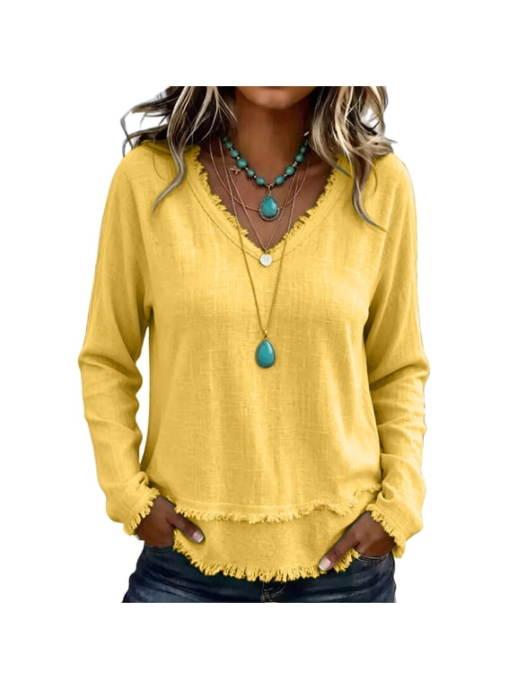 Women's V Neck Long Sleeve Blouse Fringe Frayed Shirts Loose Fit Faux Cotton Linen Boho Shirt Casual Western Vacation Pullover Tops,Yellow XL