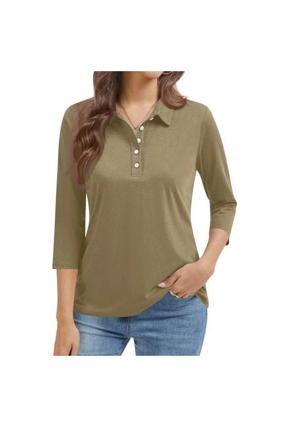 Women's V-Neck Polo Shirts 3/4 Sleeve Buttons Collared Golf Tops Solid Color Business Casual Basic Shirts Cotton Loose Outdoor Tops,Light Brown 3XL