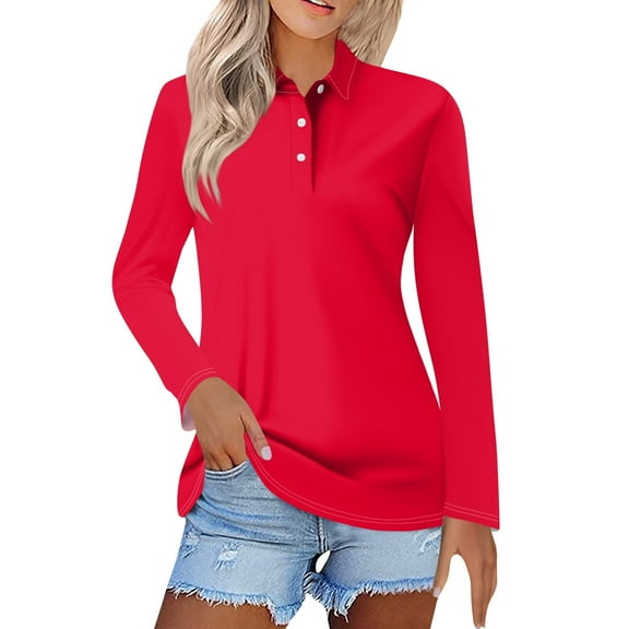 Dweltoz Women's V-Neck Polo Shirts Long Sleeve Button Lapel Collared Golf Tops Solid Casual Basic Shirts Cotton Loose Tee Uniform Tops,Hot Pink S