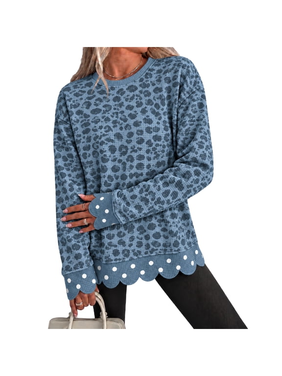 Women's Waffle Knit Leopard Print Sweatshirt Crew Neck Long Sleeve Pullover Top Scalloped Hem Polka Dot Cuffs Loose Fit 2026 Fall Clothes,Blue XL