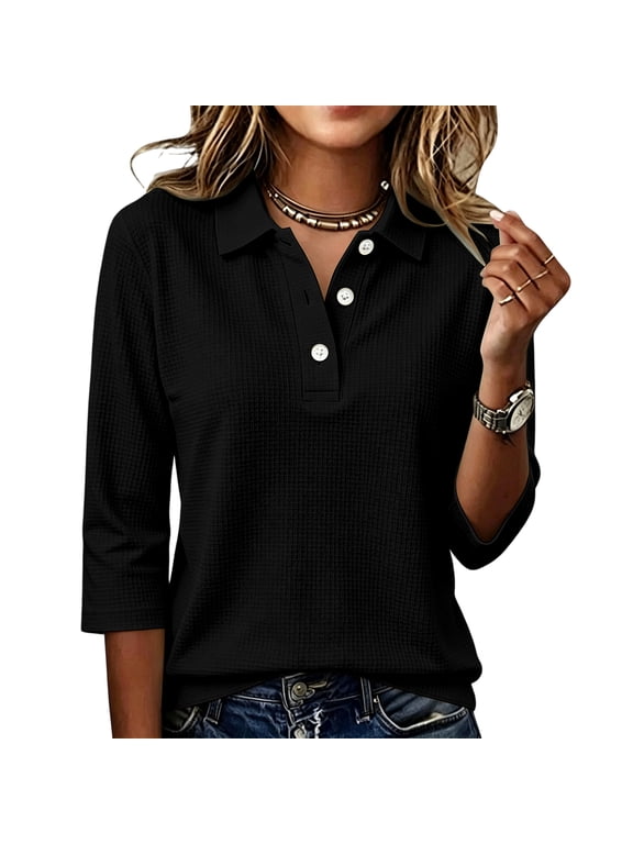 Women’s Waffle Knit Polo Shirt 3/4 Sleeve Collared V Neck with Half Button Placket Relaxed Fit Top,Black 3XL