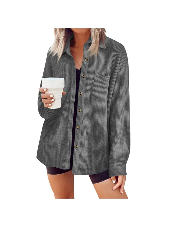 Women's Waffle Knit Shacket Loose Fit Button Down Shirt Long Sleeve Collared Top with Chest Pocket Casual Fall Shirt Jacket,Gray XL