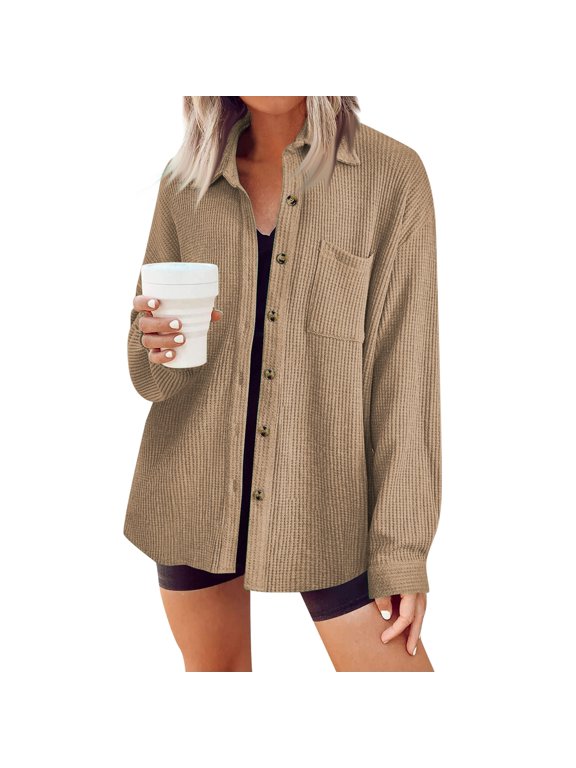 Women's Waffle Knit Shacket Loose Fit Button Down Shirt Long Sleeve Collared Top with Chest Pocket Casual Fall Shirt Jacket,Khaki 2XL
