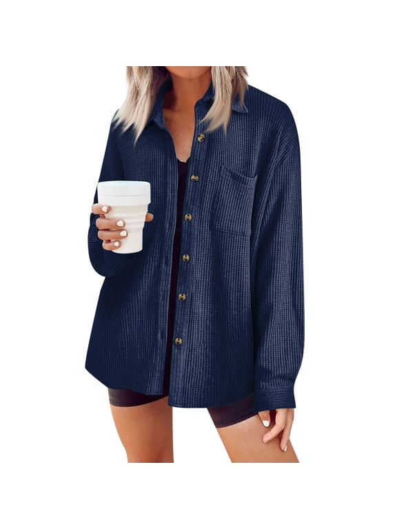 Women's Waffle Knit Shacket Loose Fit Button Down Shirt Long Sleeve Collared Top with Chest Pocket Casual Fall Shirt Jacket,Navy L