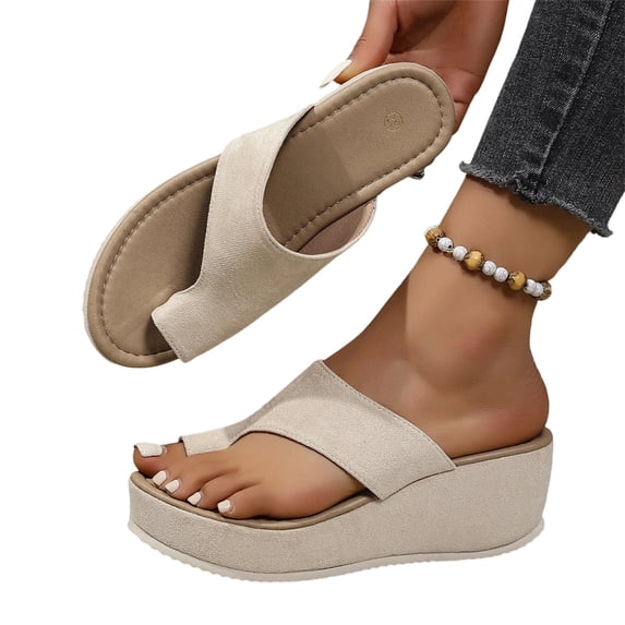 Dweltoz Women's Wedge Sandals Platform Open Toe Slip-On Orthopedic Correction Comfortable Flip Flops Summer Casual Light Weight Shoes,Beige 40