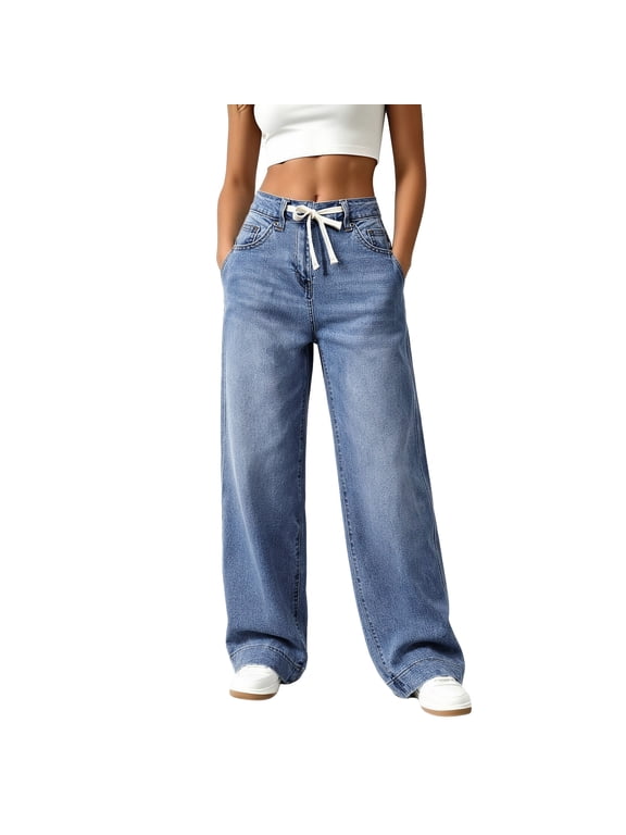 Women's Wide Leg Jeans Drawstring High Waist Baggy Denim Pants with Pockets Loose Fit Full Length Casual Daily Wear,Sky Blue 2XL