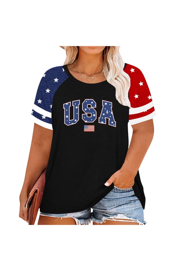 Womens American Flag Plus Size Shirt L-5xl Scoop Neck Short Sleeve 4th Of July Freedom Tshirts Casual Loose Fit Trendy Blouse,Black 2XL