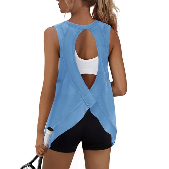 Dweltoz Womens Athletic Tank Tops Open Back Workout Tops Sleeveless Running Gym Sports Shirts Loose Fit Tunic Tank Activewear,Blue 2XL