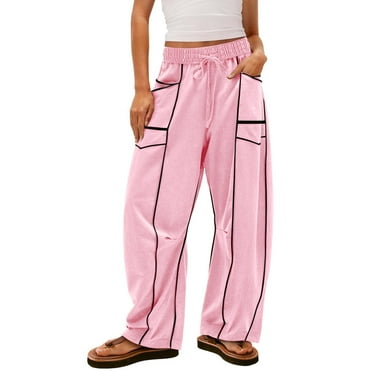 Dweltoz Womens Baggy Barrel Pants Drawstring High Waisted Wide Leg Sweatpants Summer Color Block Baggy Palazzo Pants with Pockets,Pink M