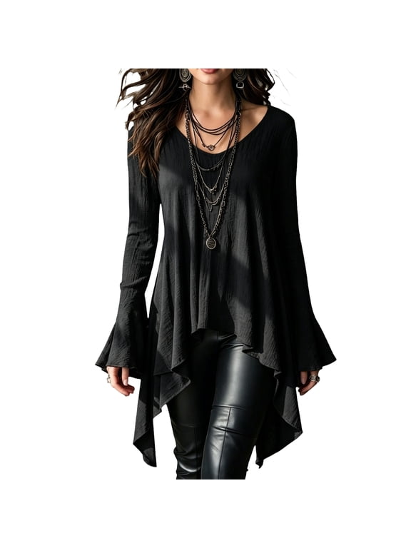 Womens Boho Tunic Top 2026 Fall Deep V Neck Flared Bell Long Sleeve Blouse Asymmetric Handkerchief Hem Loose Fit Shirt,Black L