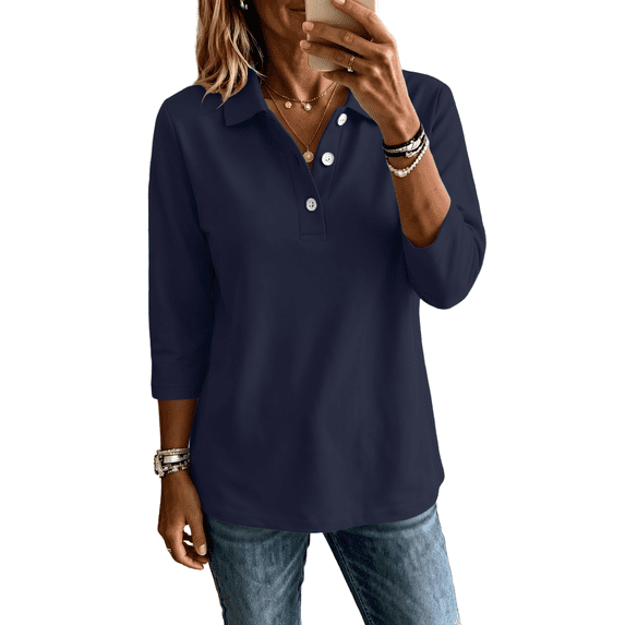 Dweltoz Womens Button Down Polo Shirts Casual Long Sleeve Collared Golf Top Trendy Office Solid Tennis Shirts Lightweight Breathable Athletic Tops,Dark Blue 3XL
