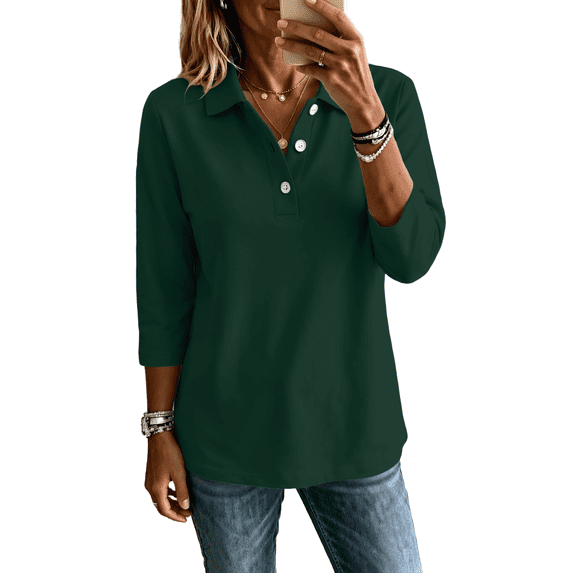 Dweltoz Womens Button Down Polo Shirts Casual Long Sleeve Collared Golf Top Trendy Office Solid Tennis Shirts Lightweight Breathable Athletic Tops,Dark Green L
