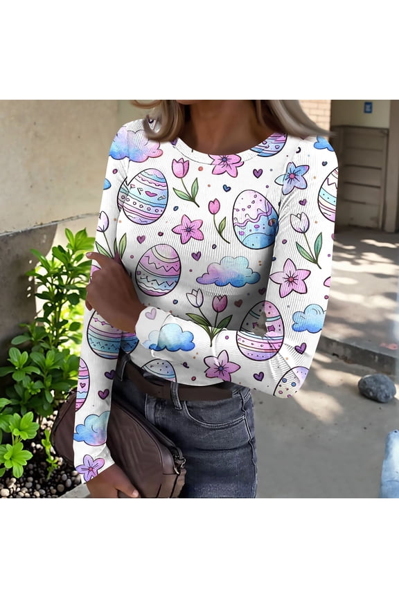 Womens Easter Shirt Rabbit Bunny Happy Tshirt Crew Neck Casual Holiday Tops Spring Long Sleeve Slim Fit Festival Outfits 2026,Light Purple XL