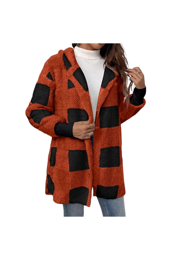Womens Fleece Jacket Sweater Plus Size Plaid Lined Open Front Shacket Jacket Loose Fit Sherpa Cardigan Cardigan Sweater with Pockets,Orange S