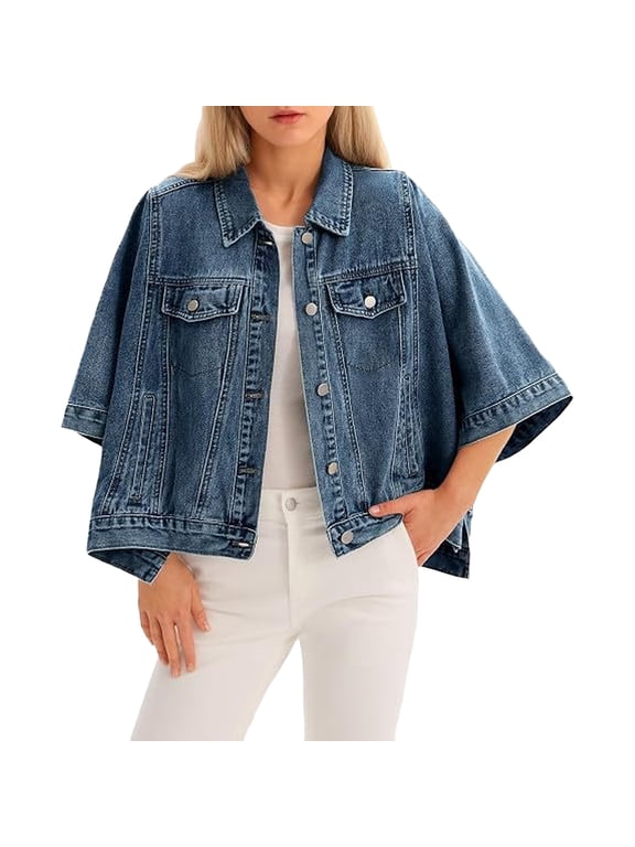 Womens Jean Jacket Oversized Cropped Denim Cape Jacket Fall Trendy Button Front Cape Outwear Lapel Short Wide Sleeve Denim Shacket,Dark Blue XL
